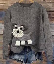 abordables -Femmes Pull Occasionnel Doux Animal Côtelé Col ras du cou Tricoté Imprimé manche longue Hauts Réguliers Tricoter Extérieur Quotidien Week-end Kaki Gris foncé Automne Hiver