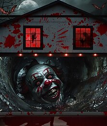 رخيصةأون -Halloween غطاء باب المرآب معلق كبير مهرج 3D الظلام بانك القوطية حفلة الخارج خلفيات التصوير يارد بيت مسكون ديكور المنزل