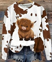baratos -Mulheres Moletom Gráfico Vaca Moda Casual Manga Longa Gola Redonda Tops regulares Rua Dia a Dia Casual Imprimir Branco Outono Inverno