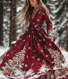 Χαμηλού Κόστους -Χριστούγεννα Γυναικεία Μακρύ φόρεμα Φόρεμα με πλισέ Πάρτι Καθημερινό Μπόχο Καθημερινά Ημερομηνία Εξόδου Κανονικό Χριστουγεννιάτικο δέντρο Μακρυμάνικο Λαιμόκοψη V Μαύρο Ρουμπίνι Φθινόπωρο Χειμώνας