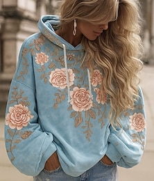 baratos -Mulheres Pulôver Moletom Com Capuz Floral Gráfico Elegante Quente Ativo Manga Longa Com Capuz Tops regulares Rua Dia a Dia Casual Patchwork Imprimir Azul Amarelo Rosa Roxo Claro Roxo Primavera Outono