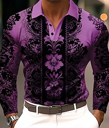 abordables -Hombre Floral Polo Manga Larga Camisas de polo Diseño Informal de negocios Ropa Deportiva Ropa Cotidiana Impresión 3D Botones Primavera Otoño Invierno Azul Piscina Morado Verde Trébol