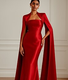 abordables -Funda / Columna Hasta el Suelo Trajes de gala Vestidos de noche Corte Cenicienta Vestimenta formal Elegante Sedoso Manga Larga Escote Cuadrado Formal Boda Bolsillo Satén con Lazo(s) 2025