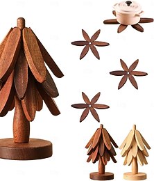 billiga -set med naturligt trädunderlägg, 3/4/5 träunderlägg &1 stativ som en julgran, naturliga hopfällbara köksunderlägg för grytor, stekpannor, skålar &tekannor