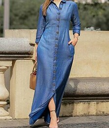 ieftine -Pentru femei Rochie Maxi Rochie de schimb Casual Zilnic Fit regulat Simplu Manșon Lung Rever Negru Bleumarin Albastru piscină Vară Primăvară Toamnă
