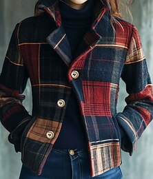preiswerte -Damen Blazer Warm Bequem Tasche Knöpfe Lässig Karomuster Urlaub Ausgehen Wochenende Regulär Stehkragen Normale Passform Langarm Oberbekleidung Rote Herbst Winter