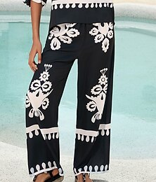 baratos -Calça feminina preta estampa floral perna reta cetim férias casual diário primavera verão outono