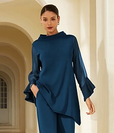 abordables -Chemisier slim en mousseline de soie et modal bleu foncé pour femme avec manches transparentes, élégant, léger et respirant, idéal pour un dîner au bureau ou un rendez-vous galant.