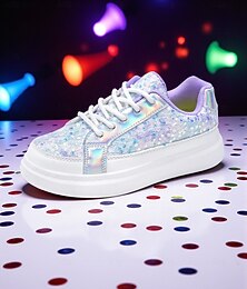 ieftine -Pantofi sport holografici strălucitori cu detalii de paiete, inspirați de idolii coreeni, pentru fete, pentru costum de vedetă pop, încălțăminte casual la modă, pentru dans și petreceri