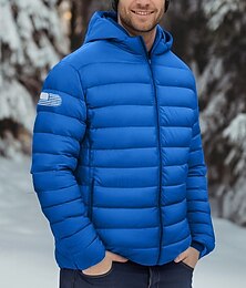 お買い得  -男性用 アメリカの米国旗 冬物コート ダウン パフジャケット 保温 防雨 ライトウェイト カジュアル アウトドア 日常 パッド入りキルティングフードジャケット 秋 冬 フード付き 長袖 ブラック ルビーレッド ロイヤルブルー