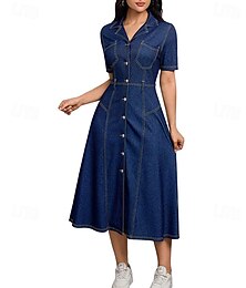 abordables -Femmes Robe Midi Robe en jean Robe Chemise Robe Décontractée Mode Moderne Extérieur Quotidien Sortir Coupe régulière Uni Manche Courte Col de chemise Bleu de minuit Printemps Automne