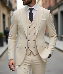 お買い得  -男性用 ブレザー+ベスト+ドレスパンツ ブレザー ベスト セット ビジネス カクテルパーティー ウェディングパーティー ３個 ファッション カジュアル 春 秋 ポリエステル 平織り ポケット ボタン 快適 シングルブレスト ブレザー ダークグレー ブラック ホワイト ルビーレッド