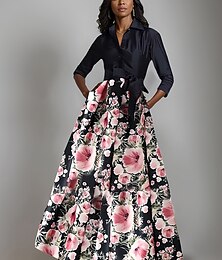 preiswerte -A-Linien Kleid Mutter der Braut Floral Druck Hemdkleid Eleganter Schleifenfalten Bodenlänger Hemdkragen Satin 3/4 Lange Ärmel mit Knöpfen Frühling Sommer