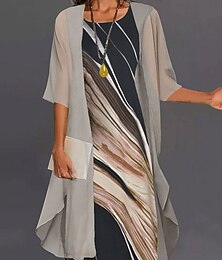 abordables -Femmes Robe Ensemble Robe trapèze Vacances Occasionnel Graphique Rayure Superposé Imprimé Mini Robe Demi Manches Col ras du cou Quotidien Noir Bleu Beige Été Printemps Coupe Ample