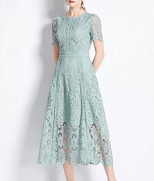 abordables -Vestido de Madre de la Novia Vestido Elegante Cuello Redondo Largo de Té Encaje Manga Corta con Encaje