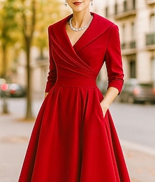 economico -abito da sposa elegante rosso nero a trapezio in raso vintage con colletto a camicia, lunghezza tè, manica a 3/4 con arricciature, tinta unita 2025