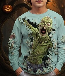 abordables -Camiseta de calavera 3D de Halloween para niño, manga larga, moda de primavera y otoño, básica, para niños de 4 a 12 años, cuello redondo, para exteriores, informal, para uso diario, corte regular.