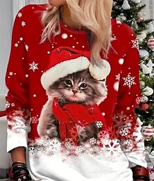 ieftine -Crăciun Pentru femei Tricou Grafic Animal Pisica Modă Casual Manșon Lung Stil Nautic Topuri obișnuite Zilnic Sfârșit de săptămână Imprimeu Roșu-aprins Vară Primăvară Toamnă Iarnă