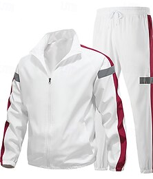 preiswerte -Herren 2-teiliger Trainingsanzug Trainingsanzug-Sets Sportbekleidung Frühling Reißverschluss reflektierende Streifen Einfarbig Kombination Schwarz Weiß Fitnessstudio Training Laufen Hohe Taille