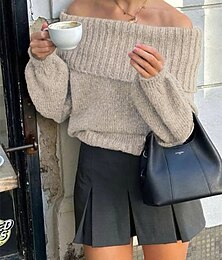 abordables -Femmes Pull Mode Streetwear Occasionnel Couleur Unie Côtelé Épaules Dénudées Tricoté Épaules dénudées manche longue Hauts Réguliers Tricoter Extérieur Quotidien Week-end Noir Kaki Automne Hiver