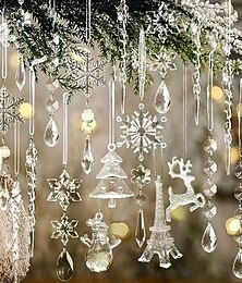 baratos -Conjunto de 32 enfeites de árvore de Natal em acrílico transparente com flocos de neve, renas e sinos de gelo &efeito de luzes cintilantes adequado para decorações de festas, natal, comemorações de