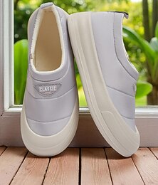 abordables -Zapatillas blancas sin cordones para mujer con forro de felpa: zapatos cálidos para caminar en invierno para uso diario.
