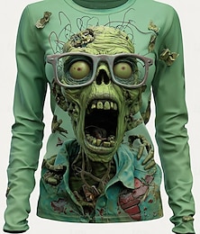 abordables -T-shirt femme Halloween crânes graphique mode vintage élégante à manches longues col rond hauts réguliers impression quotidienne week-end vert sauge vert clair vert été printemps automne