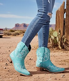 preiswerte -Damen Stiefel Cowboystiefel Outdoor Urlaub Täglich Stiefeletten Stickerei Flacher Absatz Runde Zehe Bohemien Urlaub Vintage Kunstleder Elastisches Band Schwarz Rosa Rot