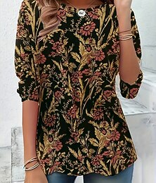 זול -בגדי ריקוד נשים חולצה קצרה פרחוני גראפי צמחים וינטאג' מסוגנן קלסי שרוול ארוך צווארון עגול קצר צווארון עגול חולצות רגילות יומי דפוס שחור אביב סתיו חורף