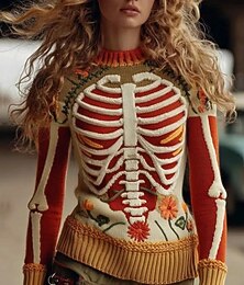 cheap -Women's Sweater Skeleton Cute Streetwear Casual Graphic Skeleton Crew Neck Patchwork Knitted Long Sleeve Regular Tops KnitRed Beige Fall Winter