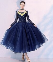 abordables -Robe de danse de salon brodée de strass pour femmes, manches longues, costumes de danse moderne valse