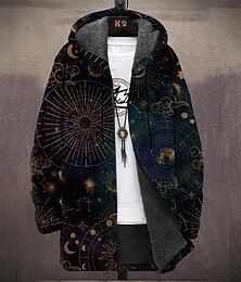 abordables -Hombre Vikingo Abrigo de invierno Chaqueta de lana Abrigo Mantiene abrigado Cómodo Vintage Casual Ropa Cotidiana Cremallera Bolsillo Impresión 3D Otoño Invierno Con Capucha Manga Larga Negro