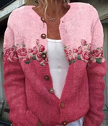 preiswerte -Damen Strickjacke Mode Täglich Lässig Blumen Grafik Gerippt Rundhalsausschnitt V Ausschnitt Blumen Knöpfe Druck Langarm Normale Oberteile Stricken Outdoor Täglich Date Rosa Frühling Herbst