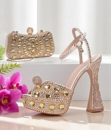abordables -Sandales à talons hauts et plateformes en strass pour femmes avec pochette assortie - Chaussures habillées scintillantes pour cocktails, mariages et événements élégants