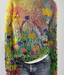 abordables -Femmes Pull Occasionnel Fleuri Graphique Col ras du cou Patchwork Tricoté manche longue Hauts Réguliers Tricoter Travail Jaune Orange Printemps Automne