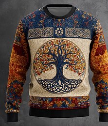 preiswerte -Herren Wikinger Baum des Lebens Pullover Strickware Rundhalsausschnitt Retro Vintage Lässig Urlaub Täglich 3D-Druck Stricken warm halten Langarm Frühling Herbst Winter Rote Blau Grün
