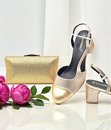 abordables -Ensemble de sandales à talons compensés dorées et pochette assortie pour femmes - Chaussures de soirée à strass scintillants pour cocktails, mariages et événements officiels