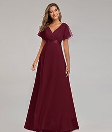 economico -Abito da invitata a matrimonio A-Line arricciato abito da spiaggia elegante formale cravatta nera per damigelle lungo fino al pavimento maniche corte collo a V chiffon schiena a V con volant abito da