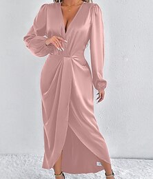 olcso -Női Midi ruha Party ruha Koktélruha Szatén ruha Elegáns Divat Modern Parti Estély Normál Sima Hosszú ujj V-alakú Arcpír rózsaszín Katonai zöld Sötétzöld Barna Nyár Ősz Tél