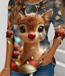 abordables -Noël Femmes T-shirt Père Noël Renne Motif de flocon de neige ancien Élégant Classique manche longue Col ras du cou Col rond Hauts Réguliers Week-end Imprimé Vert cendré Vert Véronèse Bleu Roi Bleu