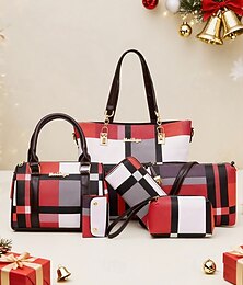 billige -Juleruteveskesett for kvinner, flerfarget kunstskinn, stilig tote-veske, crossbody-veske, lommebok og veske, perfekt for høytidsgaver og julefester