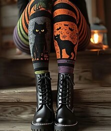 abordables -Leggings pour femmes Vacances Mode Vintage Longueur complète Taille haute Graphique Imprimé Crâne Chat Doux Respirant Élastique Outdoor Vacances Street Marron Orange Gris Printemps Automne Hiver Slim