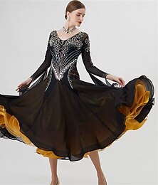 preiswerte -Damen-Ballsaal-Tanzkleid mit Strass-Netzstoff, langärmlig, Walzer-Tango-Wettbewerbskleid mit mehrlagigem Goldsaum – Schwarzgold