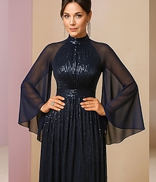 preiswerte -A-Linie Bodenlang Abendkleid Langarm Hoher Ausschnitt Elegant Vintage Glanz & Glamour Spandex Polyester Brautmutterkleid mit Paillette