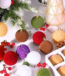 levne -12dílná sada vánočních sametových ozdob, 6cm semišové vánoční koule, jedinečné tvary ozdob na vánoční stromeček, sváteční závěsná dekorace na doma, na párty