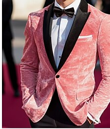 זול -בלייזר קטיפה לגברים ז'קט סגירת צווארון אופנתי מסיבה קז'ואל אחיד בלייזר ורוד גזרה מחויטת חזה יחיד כפתור אחד