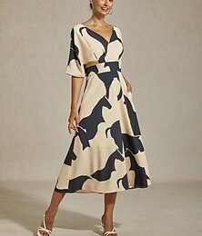 رخيصةأون -فستان ماكسي نسائي من الساتان بتصميم هندسي تجريدي مع كتلة ألوان وفتحة رقبة على شكل حرف V وأكمام دولمان وربطة خصر أنيقة للعطلات غير رسمية للربيع والصيف والخريف