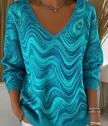 halpa -Naisten Neulos Pusero Muoti Katutyyli Vapaa-aika Kuvitettu Raidoitettu V kaula-aukko Ylisuuret Kudottu Pitkähihainen Tavalliset topit Neuloa ulko- Päivittäin Sininen Kevät Syksy
