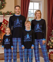 abordables -Mirada familiar Navidad Pijamas navideños familiares Pijamas Conjuntos familiares Graphic Plaid Copo Hogar Estampado Azul Piscina Manga Larga Diario Trajes a juego