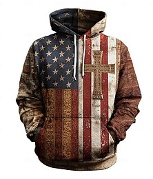 abordables -Homme Croix Drapeau Américain Sweat à capuche Mode Occasionnel À capuche Vacances Soirée Vêtements de rue Bleu Marron Impression Automne Hiver Designer